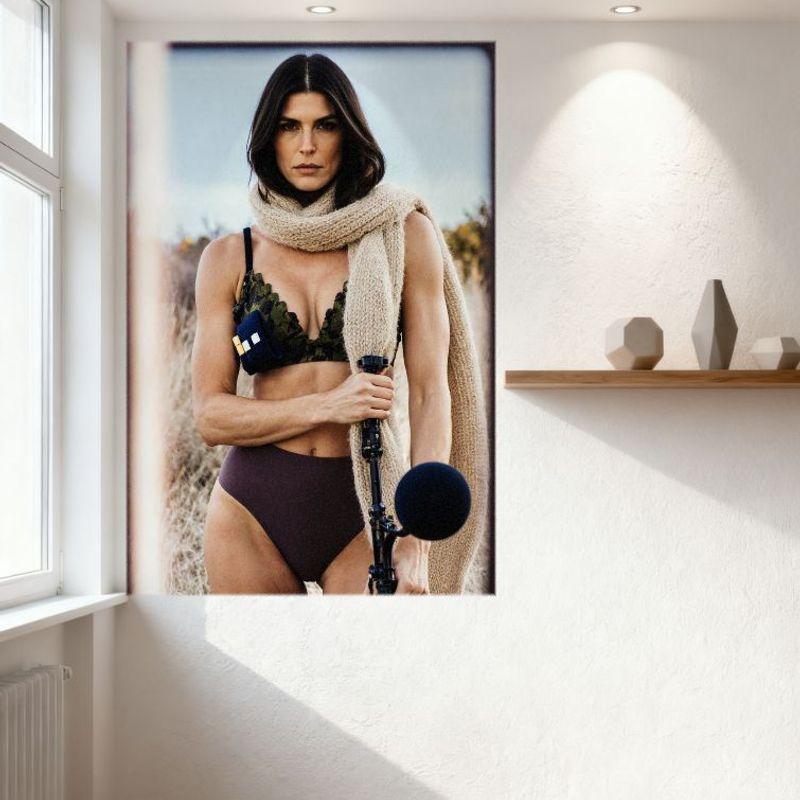 Sexy Woman Outdoor Fashion Editorial Shoot Tin Sign - Camouflage Bralette Dark Brown Underwear Light Beige Scarf Camera Metal Po