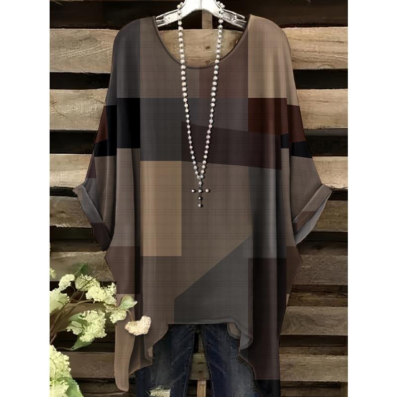 Большой размер, Женская повседневная футболка большого размера с коротким рукавом - Фиолетовый цветочный принт, Эластичный полиэстер, Круглый вырез, Можно стирать в машине, Комфорт круглый год