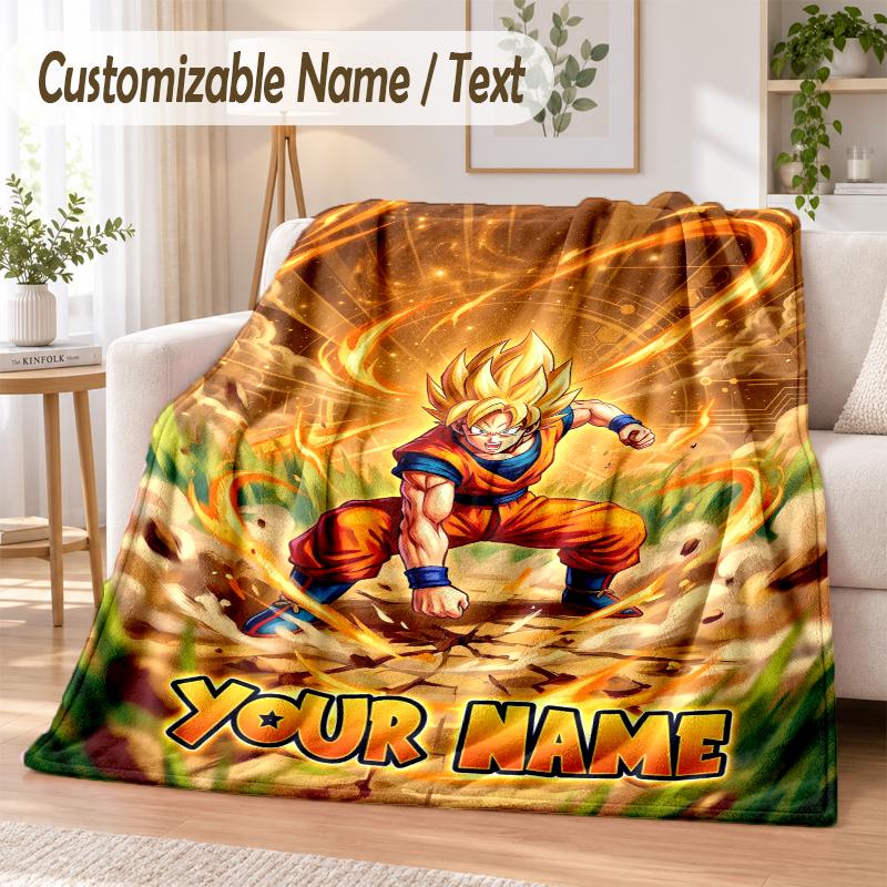 Dragon Ball Custom Name Flannel Throw Blanket Soft Warm for Sofa Bed Indoor Home Use