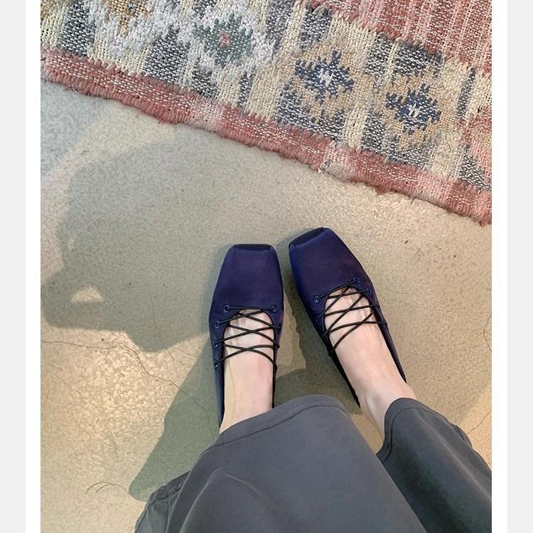 Grape Mother Same Style Square Head Satin Casual Versatile Cross Belt Ballet Single Shoes Lazy One Pedal Mary Jane Shoes Women