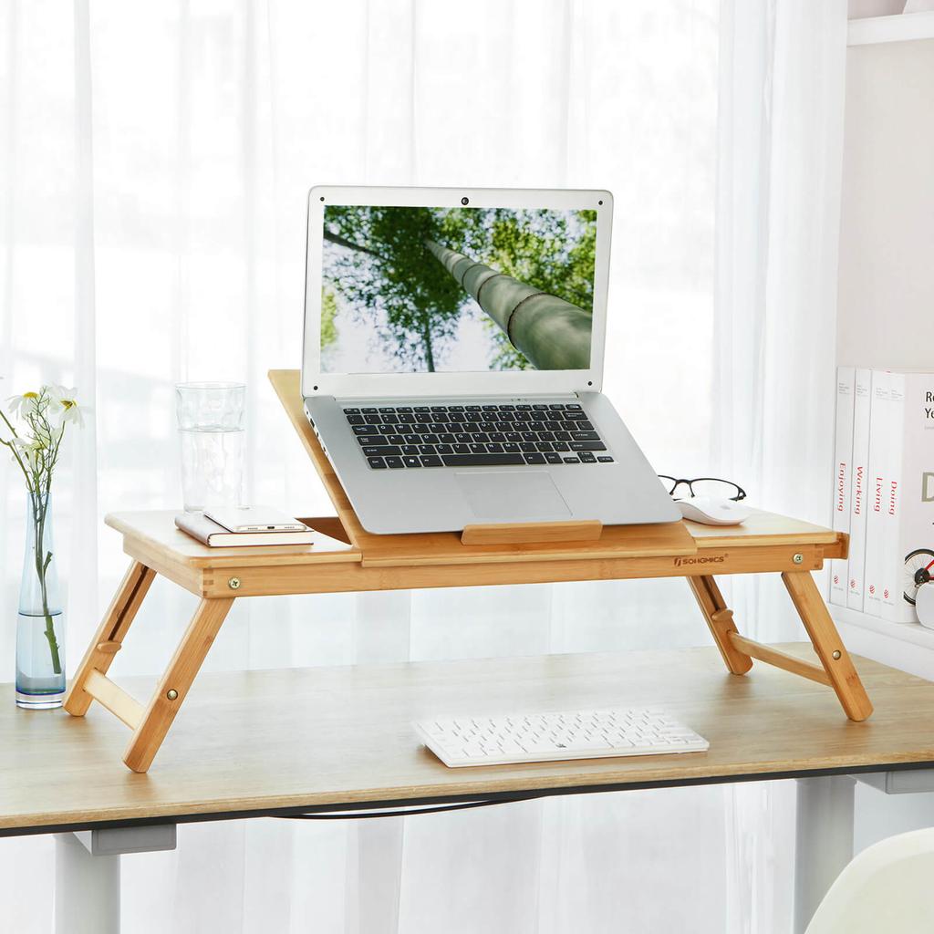 SONGMICS Bamboo Laptop Desk, Foldable Bed Table, for Left-hander, Right-hander, Height Adjustable Sofa Tray, 72 x (21-29) x 35 cm (B x H x T)