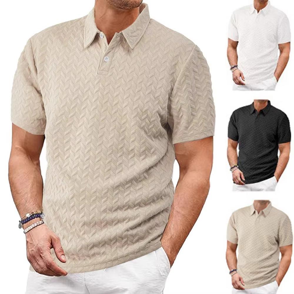 Весна-лето мужская жаккардовая рубашка поло с коротким рукавом, плотная повседневная футболка с отложным воротником и застежкой на пуговицы