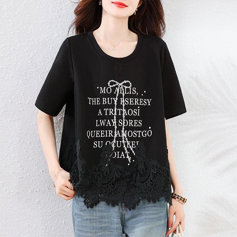 Dimanaf 2025 Новые летние футболки больших размеров с коротким рукавом и круглым вырезом, однотонные свободные черные кружевные топы, футболки