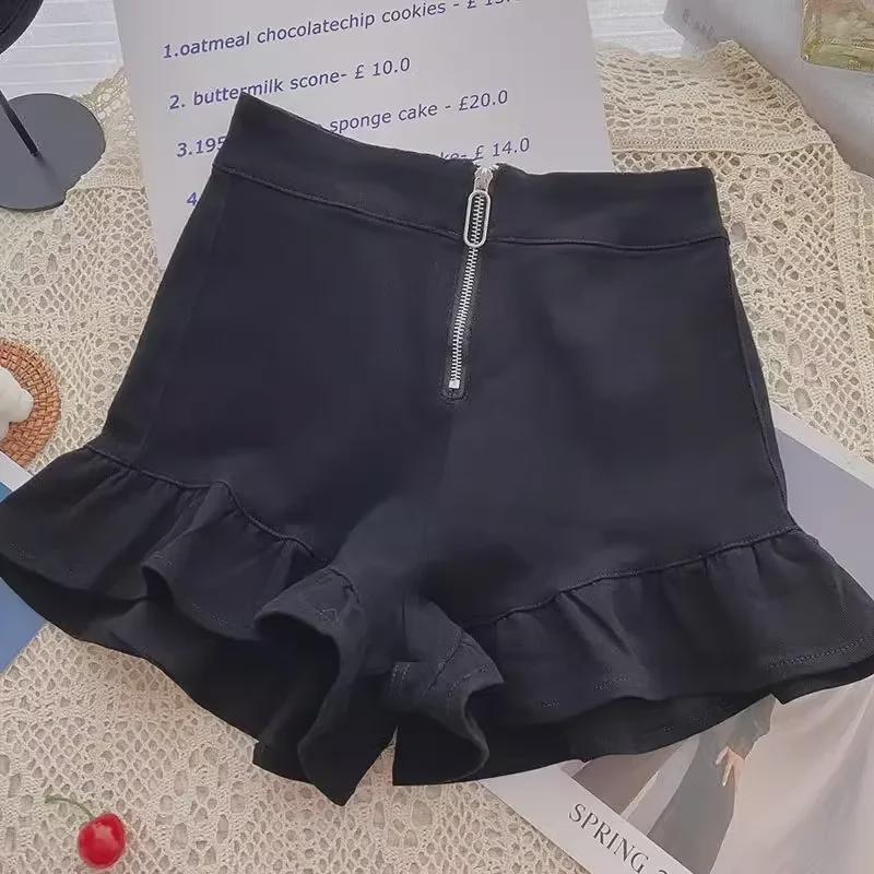 Женские белые шорты с широкими штанинами и оборками на молнии 2024 года — облегающие повседневные шорты с высокой талией