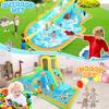 Inflatable Water Slide Large Wave Rider with Splash Pool Climb Wall Basket-Rim Water Cannon Shower Head for Backyard 3-12 Blue