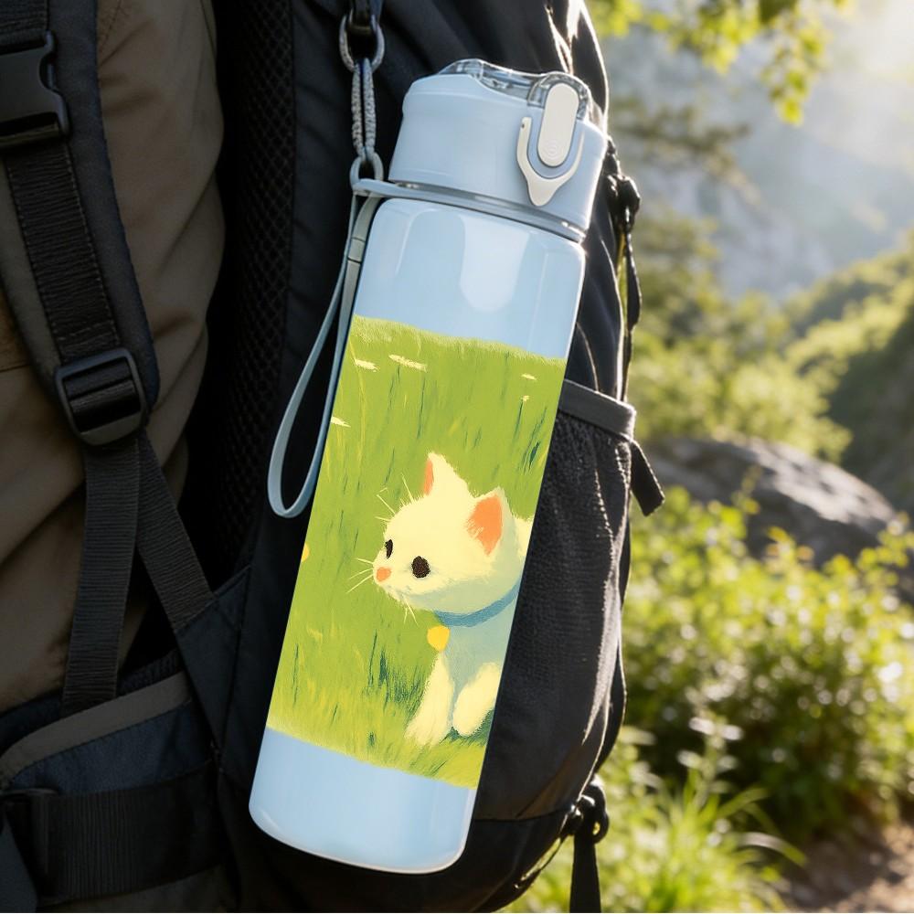 1PC White Kitten Green Background 750ml Color Plastic Sports Water Bottle Leakproof Flip Straw Lid For Sports Office Home Use
