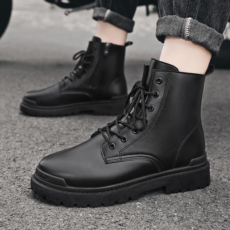 Fashion Black Men Leather Boots Winter Warm Mens Ankle Boots Outdoor High Top Casual Shoes with Fur Lace-Up Leisure Work Boots