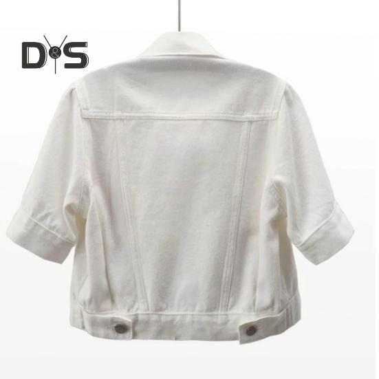 Women's Cropped Denim Jacket Short Sleeve Jean Jacket Lapel Button Down Trucker Coat Summer Casual White Thin Top