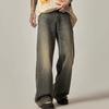 Men Jeans Gradient Contrast Color Wide Leg Loose High Street Retro Hip Hop Straight Full Length Pockets Button Zipper Closure Men Long Denim Trousers