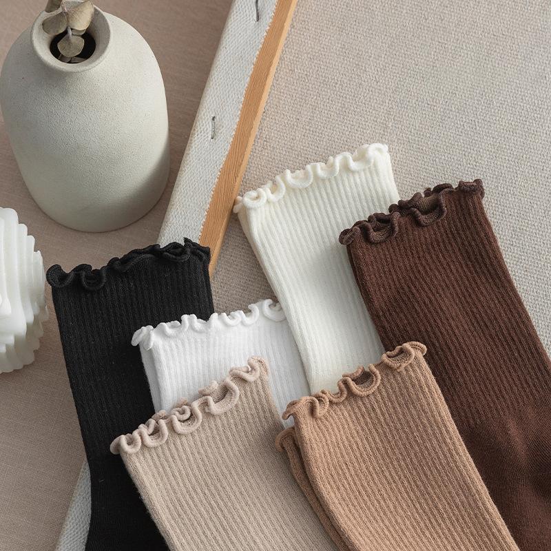 6 пар носков средней длины с оборками Женские дышащие однотонные носки Комплект Черный Белый Кофе Бежевый Свободные махровые носки Влагоотводящие
