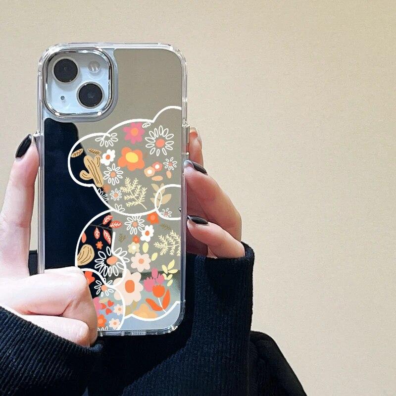 Чехол для телефона с милым медведем из мультфильма для iPhone 15 Pro Max, чехол для iPhone 11 13 14 Pro XR XS 12 Pro X, роскошное покрытие, зеркальный чехол для макияжа