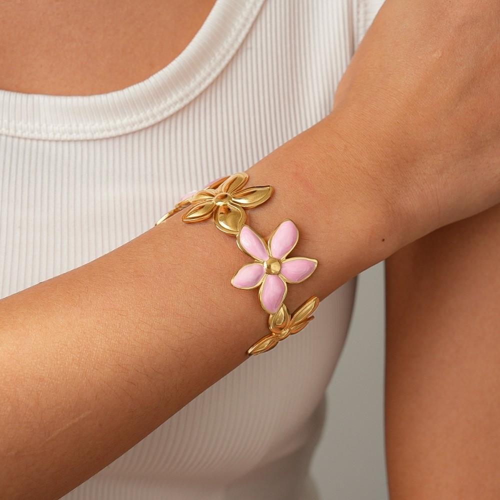 Wide Flower Bracelet Enamel Vintage Cuff Fashion Opening Bangles Women