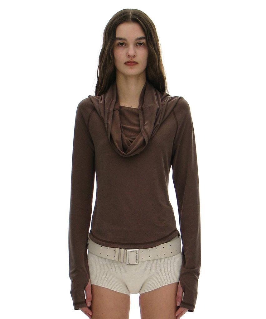 PARTIMENTO WOMEN 3-Way Cowl Neck Long Sleeve Tee_Brown