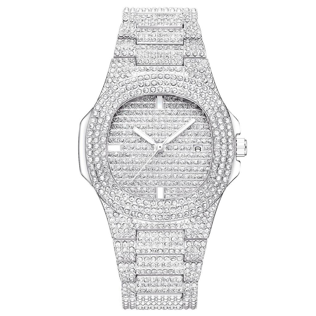 Women's Diamond-Studded Gold Fashion Square Watch with Rhinestone Calendar & Steel Band