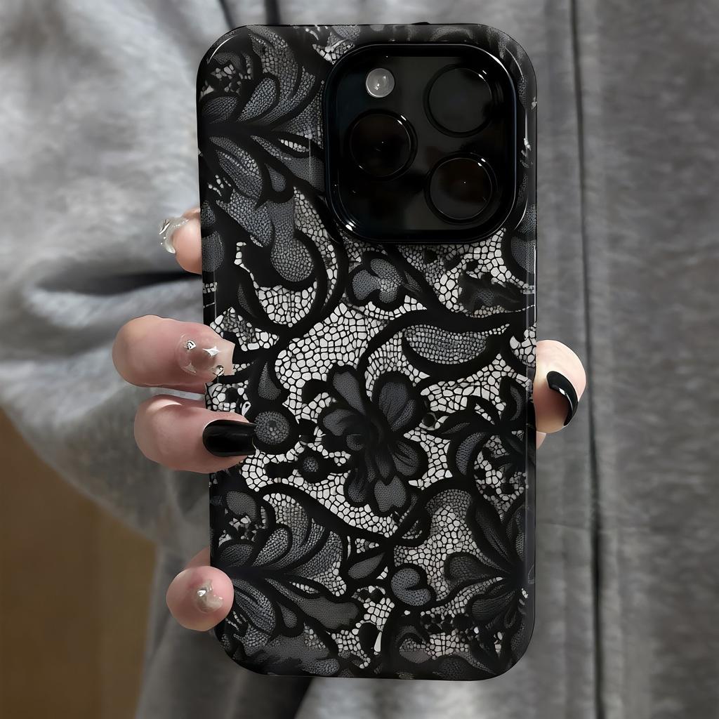 Luxury Black Lace Pattern Phone Case For IPhone 17 16 Pro Max 15 14 Plus 13 12 11 Pro Air Protective Soft Elegant Vintage Cover