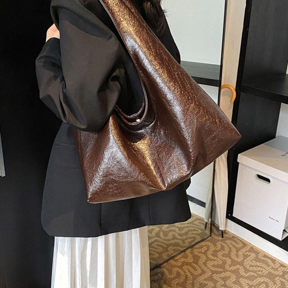 Solid Color Large Capacity Handbag Tote Bag Underarm Packs Casual Retro PU Tote Bag Outdoor