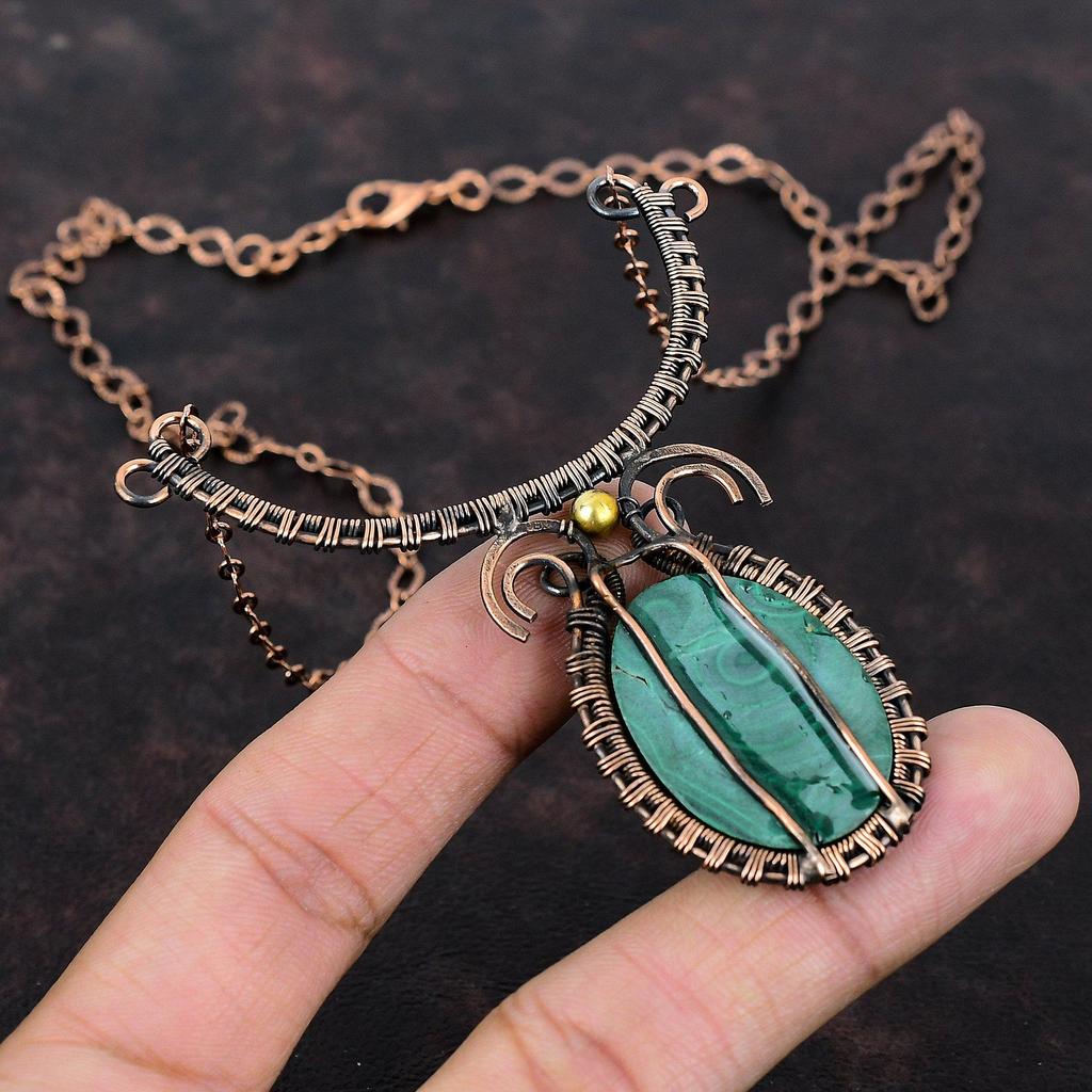 Малахитовое ожерелье Ожерелье из медной проволоки Изящное ожерелье ручной работы Ювелирные изделия из проволочной обмотки Регулируемая цепочка Ожерелье Ювелирные изделия из медного драгоценного камня