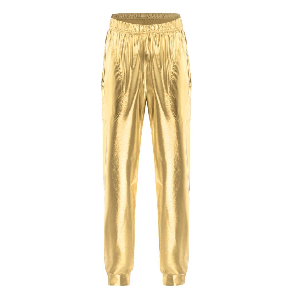 Женские металлизированные танцевальные брюки с высокой талией, эластичный пояс, свободный крой, спортивные брюки, блестящие, современные брюки