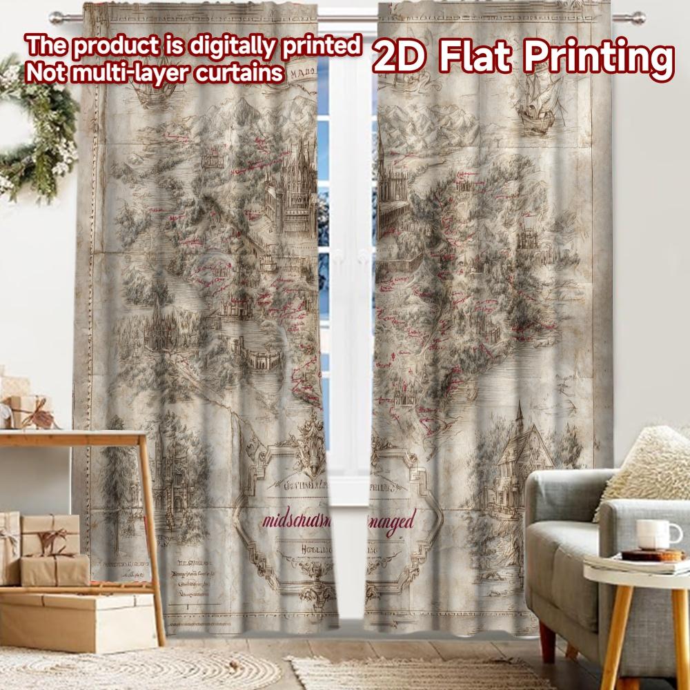 2pcs, 2D FLAT PRINTING Curtains (Without Rod) MarauderMap Christmas Festival Creative Curtains Machine Washable Fabric Curtains