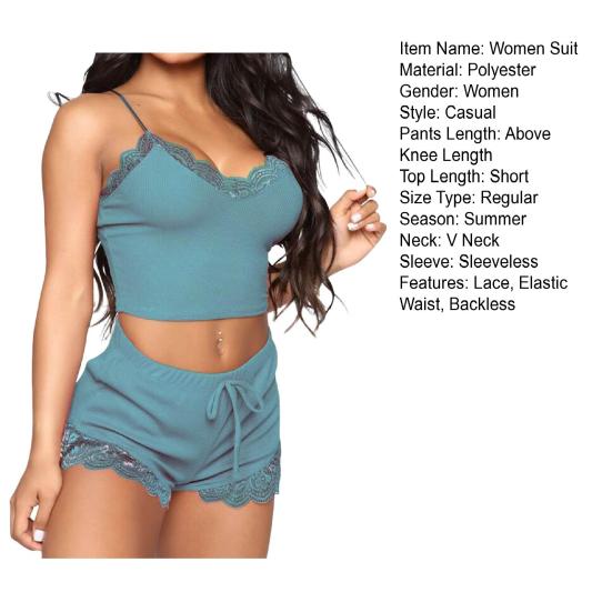 Женский пижамный комплект с кружевом и V-образным вырезом без рукавов, эластичный топ с эластичной резинкой и высокой талией, тонкий
