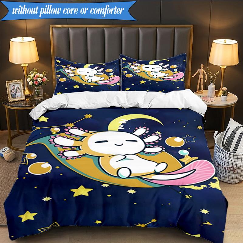 3PCS Fantasy Axolotl Moon Night Sky Bedding Set,Including 1pc Duvet Cover And 2pcs Pillowcases Perfect for Bedroom, Dormitory, Fan Christmas gift