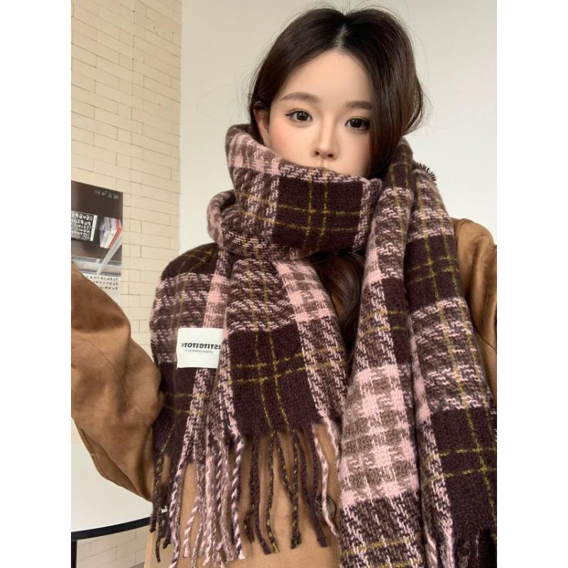 Women S Winter Plaid Scarf Faux Cashmere Warm Tassel Shawl Couple Style