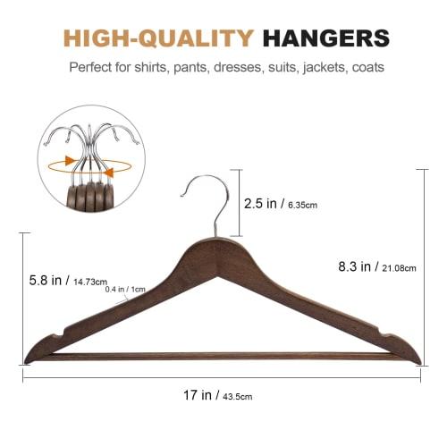ELONG HOME Wooden Clothes Hangers with Non-Slip Indents and Trouser Bars, Shape-Retaining, 360-Degree Rotating Slim Clothes Hangers for Suits, Shirts,