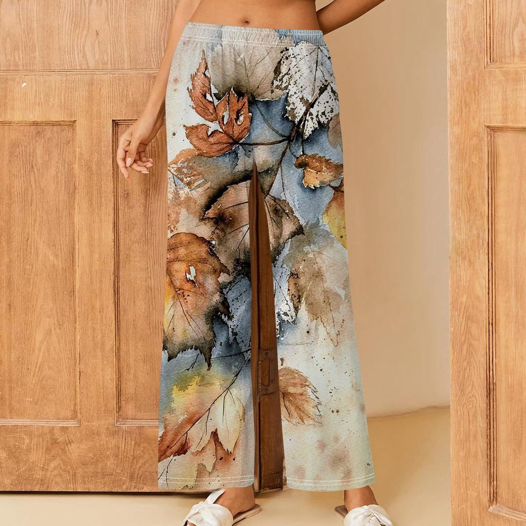 Женские повседневные брюки прямого кроя с эластичным поясом и принтом