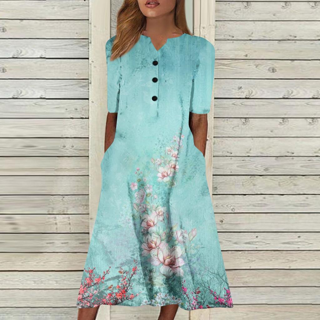 Women's Summer Casual Printing Fashion V-neck Short Sleeved Beach Swing Skirt