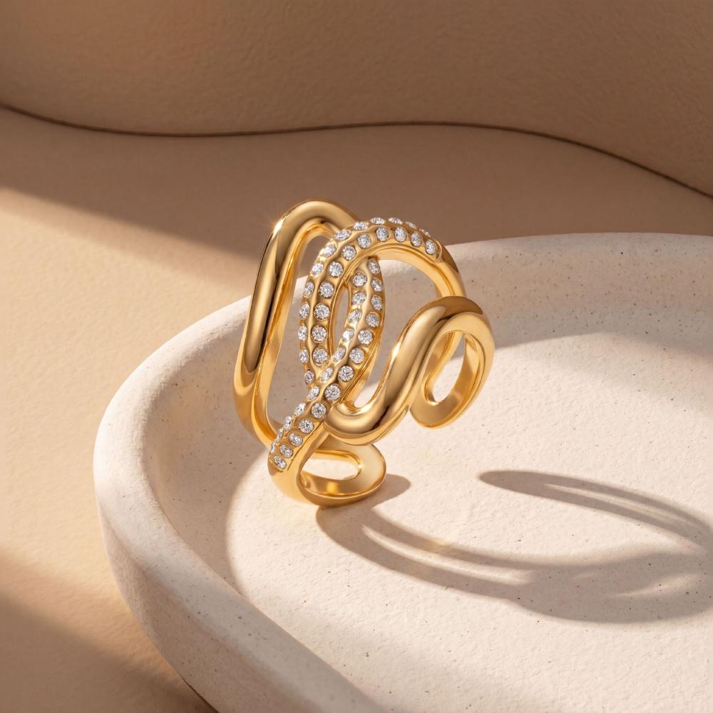 Luxury Female White Zircon Stone Asymmetrical Skeleton Adjustable Open Ring Vintage Gold Color Wedding Jewelry For Women