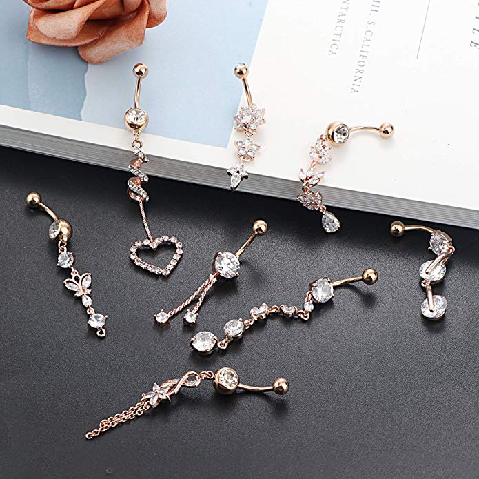 Set 8 14G 316L Stainless Steel Dangle Belly Button Navel Ring Clear Zircon Inlay Body Piercing Jewelry for Women's Wedding