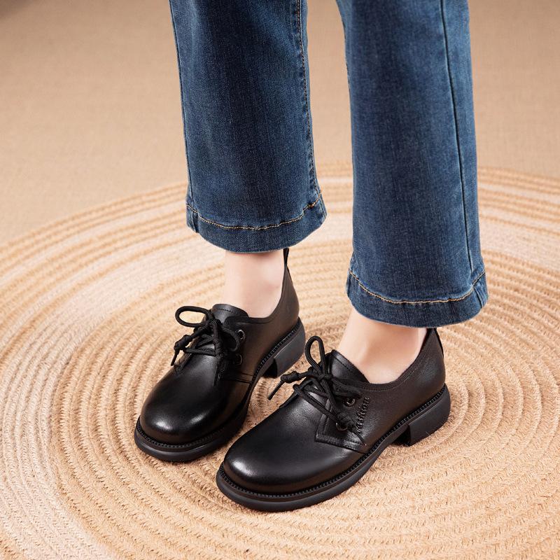 First Layer Cowhide Loafers Women's Autumn New Genuine Leather New Soft Sole Soft Surface Lace-up Flat Bottom Work Shoes Small Leather Shoes