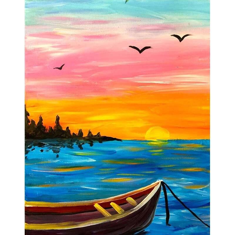5D DIY Diamond Painting Sunset Boat View Diamond Embroidery Sea View Cross Stitch Flower Full Round Drill Home Decor Gift