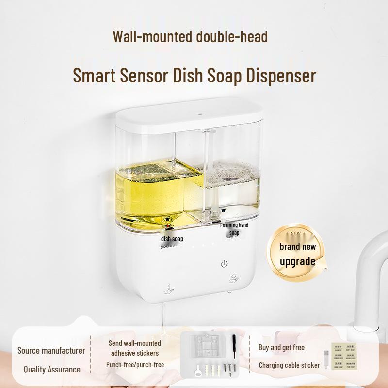 Rechargeable Wall-Mounted Double-Head Automatic Sensor Hand Sanitizer & Dish Soap Dispenser for Home and Hotel Use
