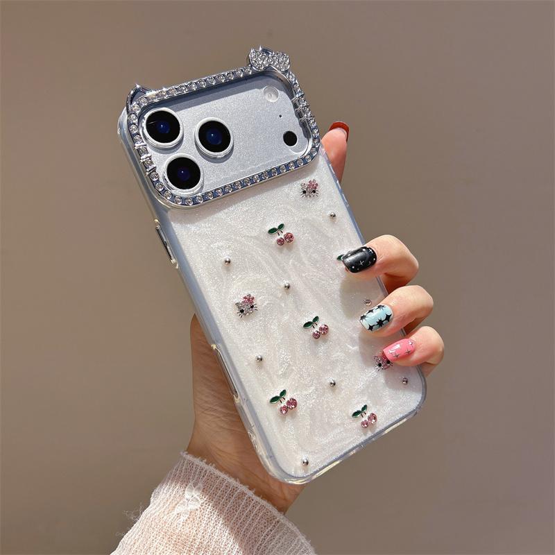 Cute Kitty Luxury Rhinestone Anti-Fingerprint Silicone Phone Cases for 17 Pro Max 16 15 14 13 Bling Sparkly Glitter Soft