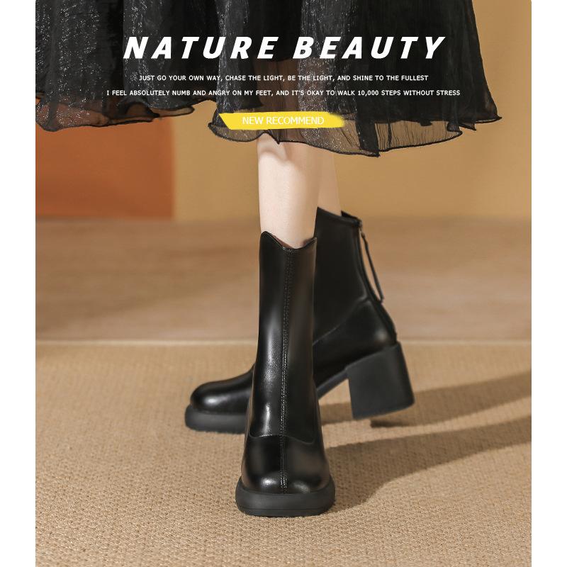 Осень и зима новые маленькие короткие ботинки женские толстый каблук тонкие ботинки круглый носок супермягкая толстая подошва белые короткие ботинки тренд