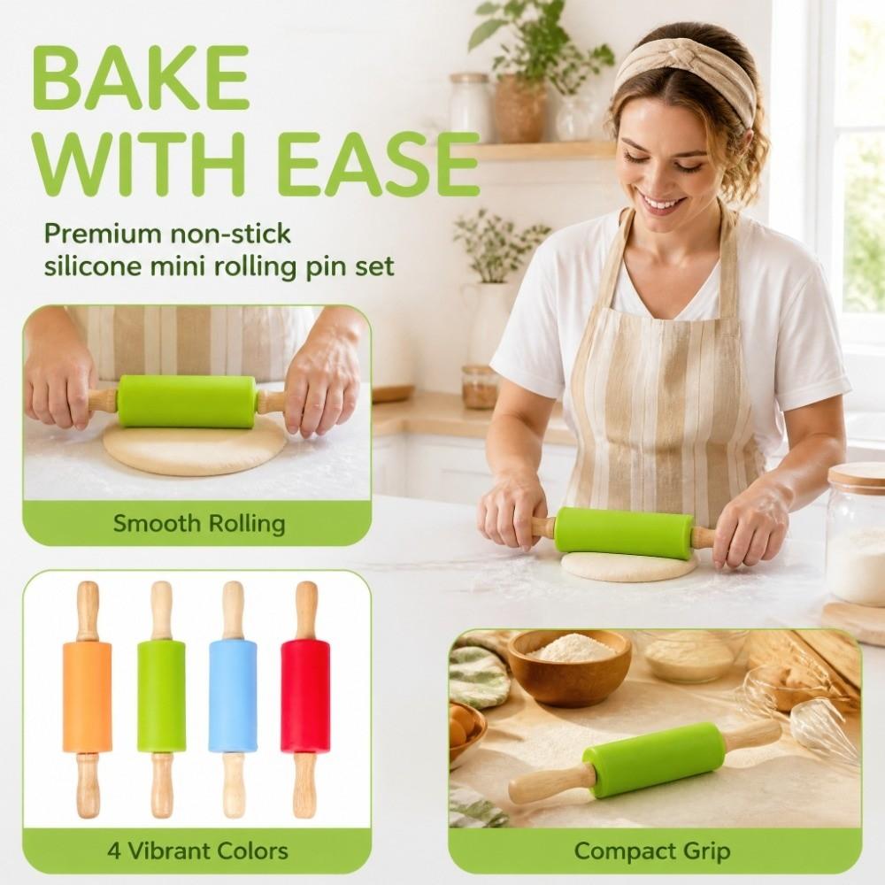 4PCS Silicone Silicone Rolling Pin Wooden Handle Cookies Rolling Pin Home Kitchen Baking