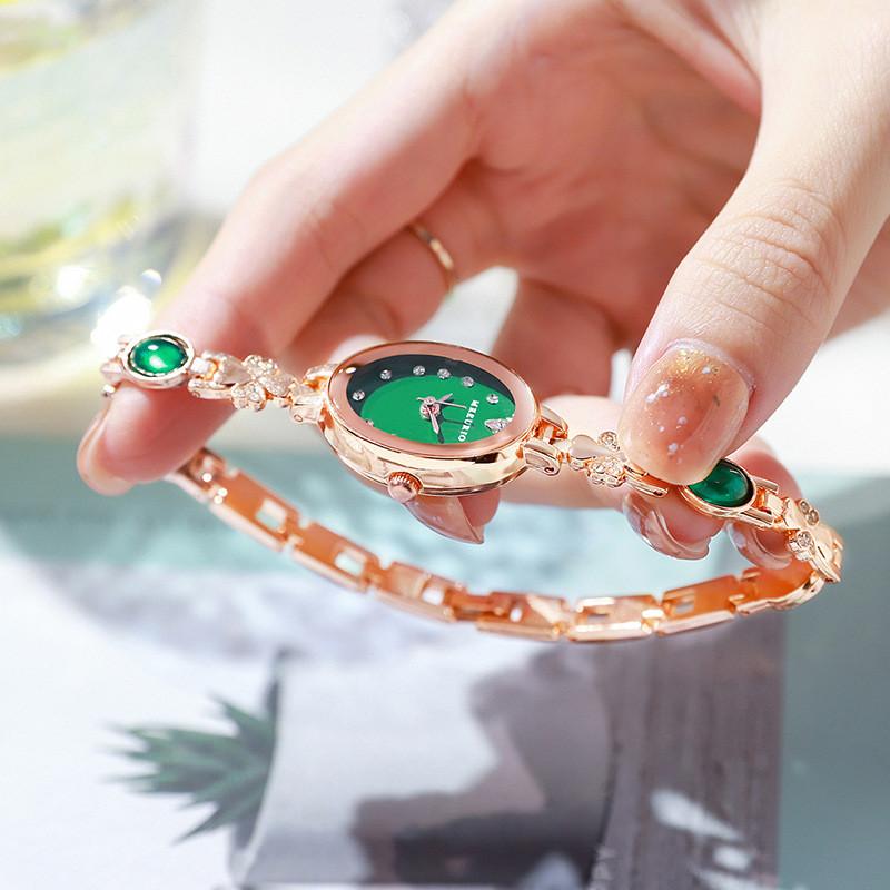 Luxury Green Gemstone Ladies Watch With Quartz Movement And Brass Clasp For Daily Use