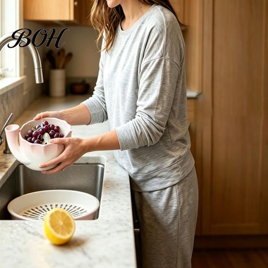 Ceramic Fruit Bowl for Kitchen Berry Washing with Drainage Holes, Self Rinsing Swirl Wide Mouth Lace Edge Colander, Large Capacity Colander