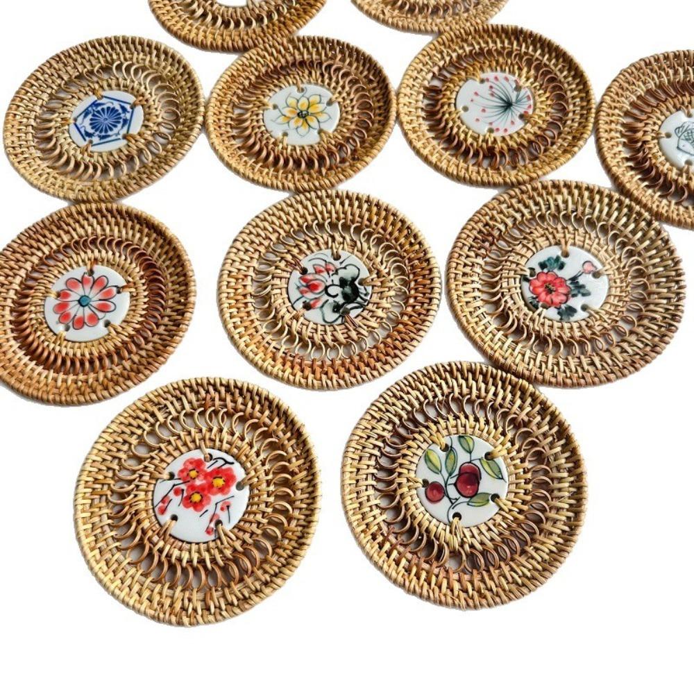 Rattan Weaving Teacup Mat Handmade Drink Cup Mat Vietnamese Rattan Ceramic Coaster Bar