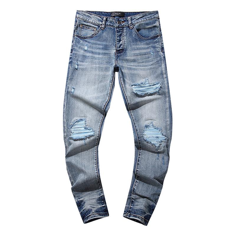Fashion American High Street Hole & Patch Trendy Retro Straight Ami Denim Pants