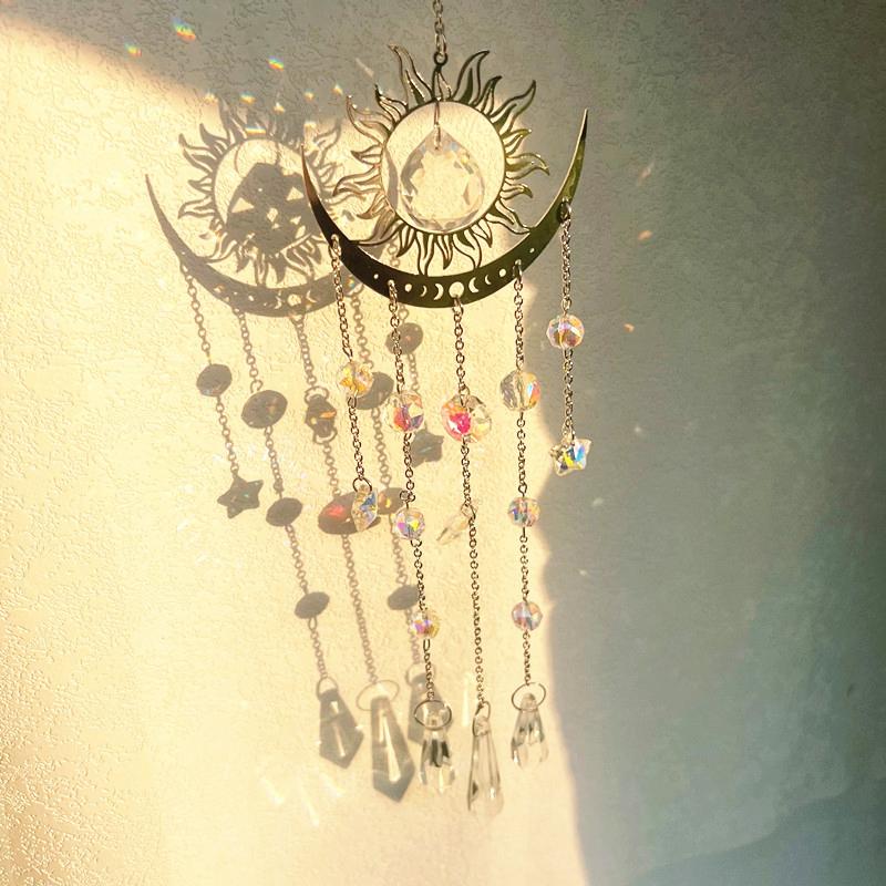 Gold Flame Moon Crystal Window Wind Chime Pendant Sunlight Catcher Outdoor Garden Colourful Hanging Decoration Hanging Ornaments