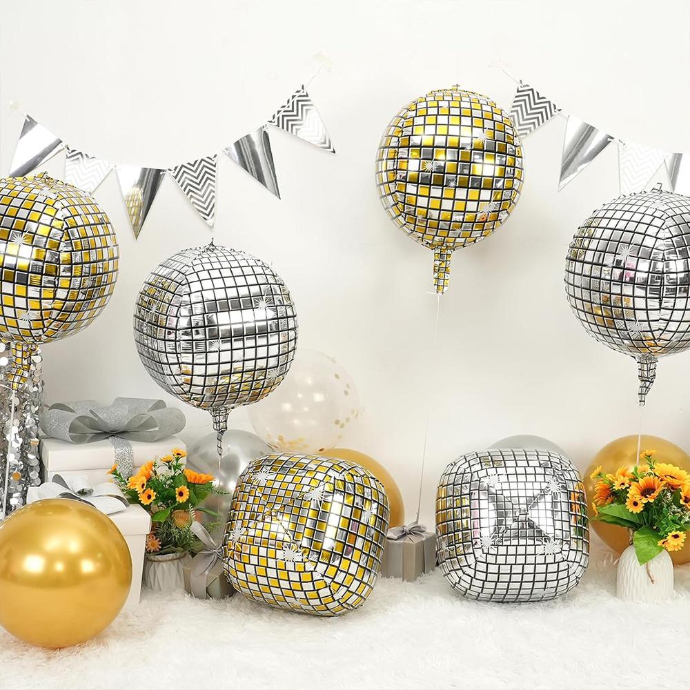 Pack of 4/6 22-Inch 4D Round Gold and Silver Disco Foil Balloons, Suitable for 60S, 70S, 80S, 90S Fashion-Themed Parties, Ideal for Birth