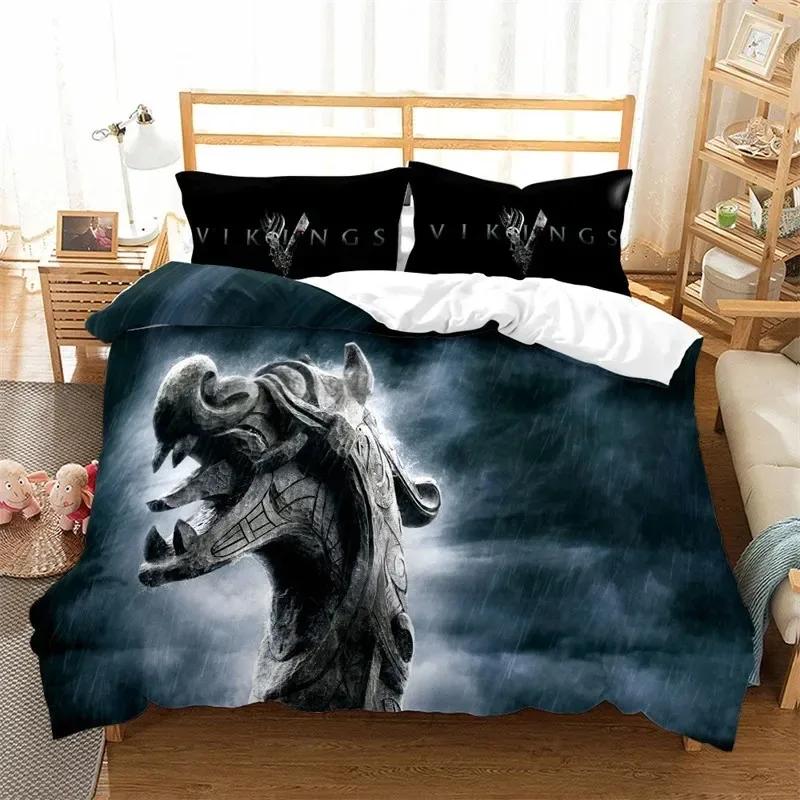 Viking Duvet Cover Set KingQueen Size Slate Blue Mjolnir Pattern Bedding Set Northern Germanic Culture Polyester Quilt Cover
