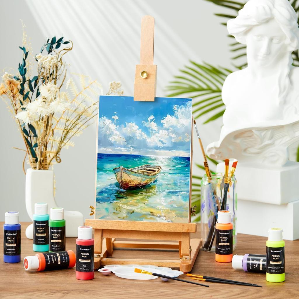 Shuttle Art Acrylic Paint Set of 42 Colors with 12 Brushes Paint Set Large Capacity 60ml Quick Dry Water Resistant Durable Stretchable Bright Metallic