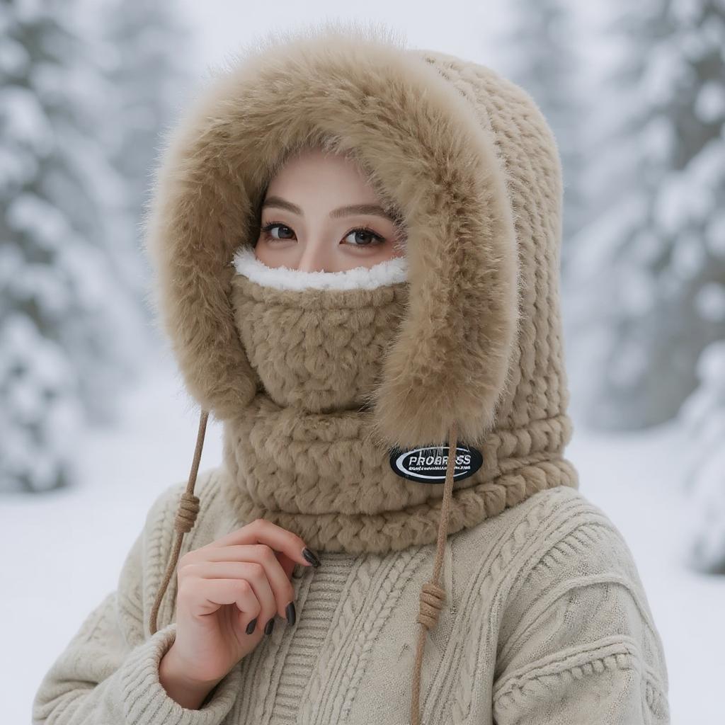 Зимняя плюшевая шапка для женщин Теплая толстая шапка-капюшон с шарфом-маской Защита ушей Ветрозащитная термошапка для активного отдыха, велоспорта, катания