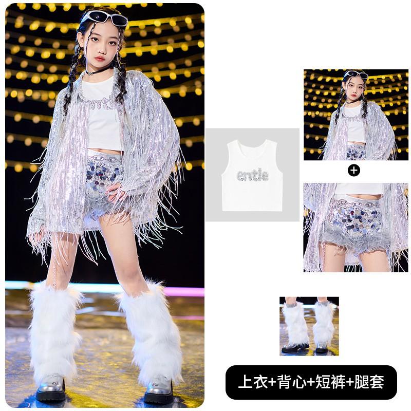 Girls Hip Hop Dance Costume Fringe Sequins Performance Outfit Kids Jazz Street Wear