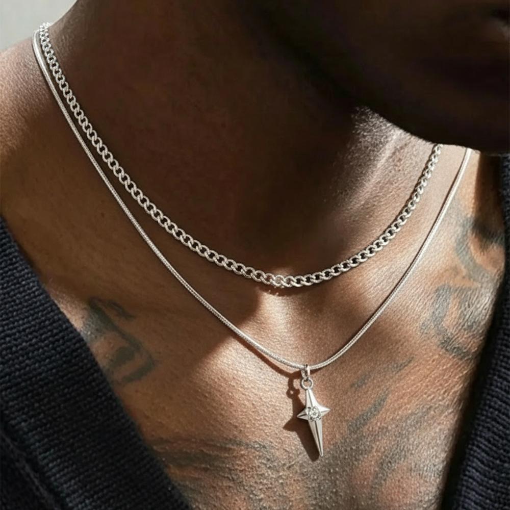 Stainless Steel Cross Star Mans Diamond Pendant Necklace for Men and Women Double Pendant Necklace Daily Wear Hiphop Punk Design