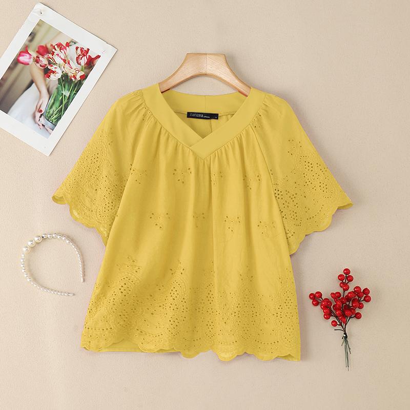 ZANZEA Женская повседневная блузка с V-образным вырезом, короткими рукавами, пэчворком и крючком