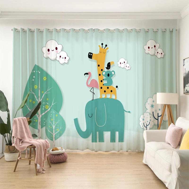 High Shading Curtains Cartoon Adorable Plum Deer Rabbit Children Room Bedroom Space Full-height Window Opening Blackout Drape Modern Style2